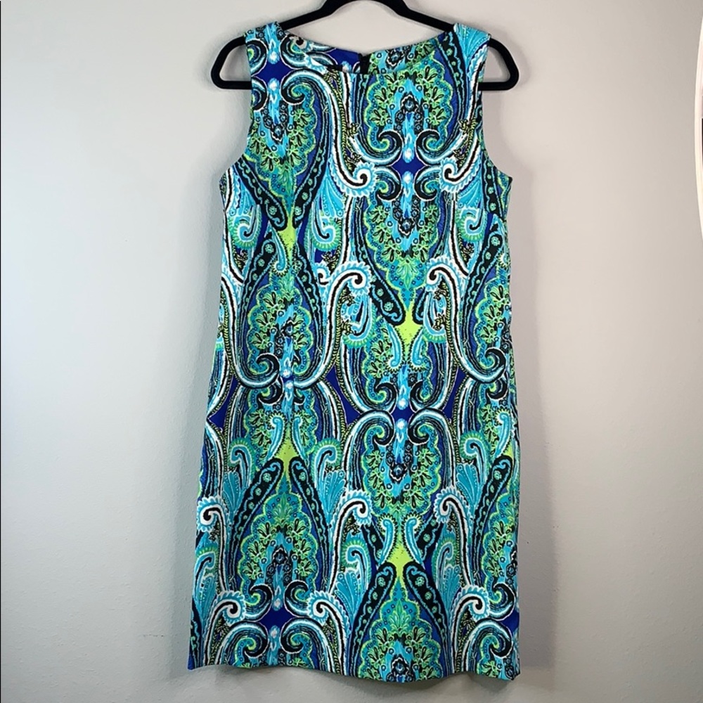 blue green paisley sleeveless sheath dress 14